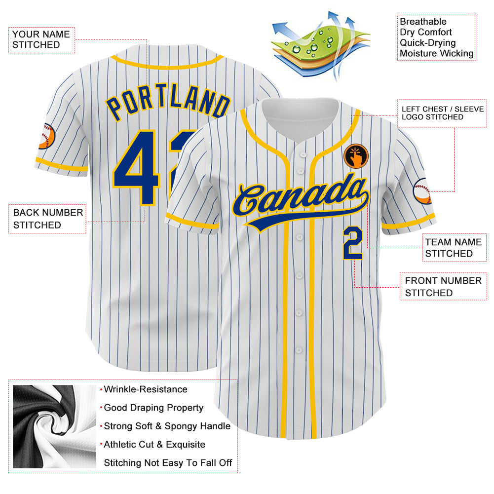 Custom White Royal Pinstripe Royal-Yellow Authentic Baseball Jersey baseball jersey product view 3