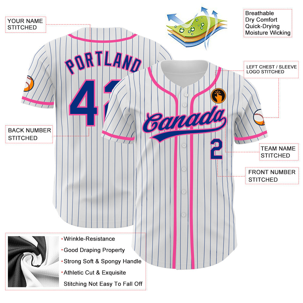 Custom White Royal Pinstripe Royal-Pink Authentic Baseball Jersey baseball jersey product view 3