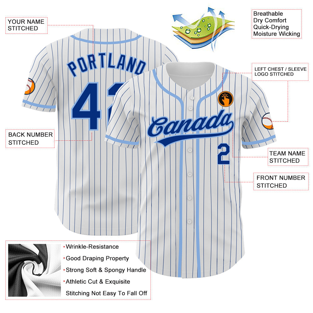 Custom White Royal Pinstripe Royal-Light Blue Authentic Baseball Jersey baseball jersey product view 3