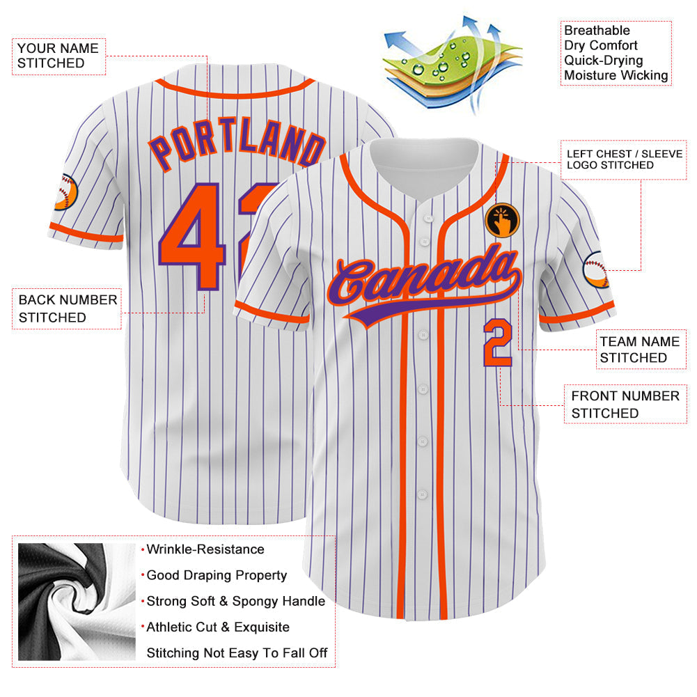 Custom White Purple Pinstripe Orange Authentic Baseball Jersey baseball jersey product view 3