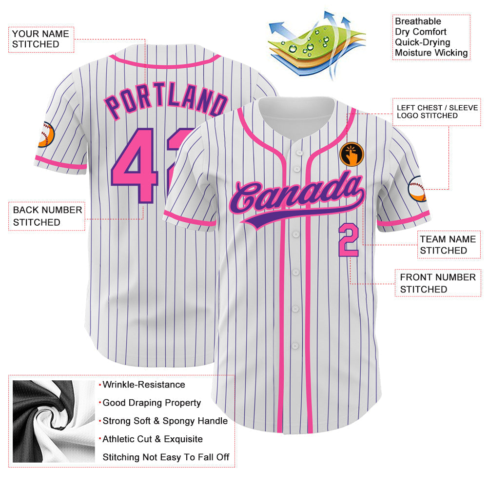 Custom White Purple Pinstripe Pink Authentic Baseball Jersey baseball jersey product view 3
