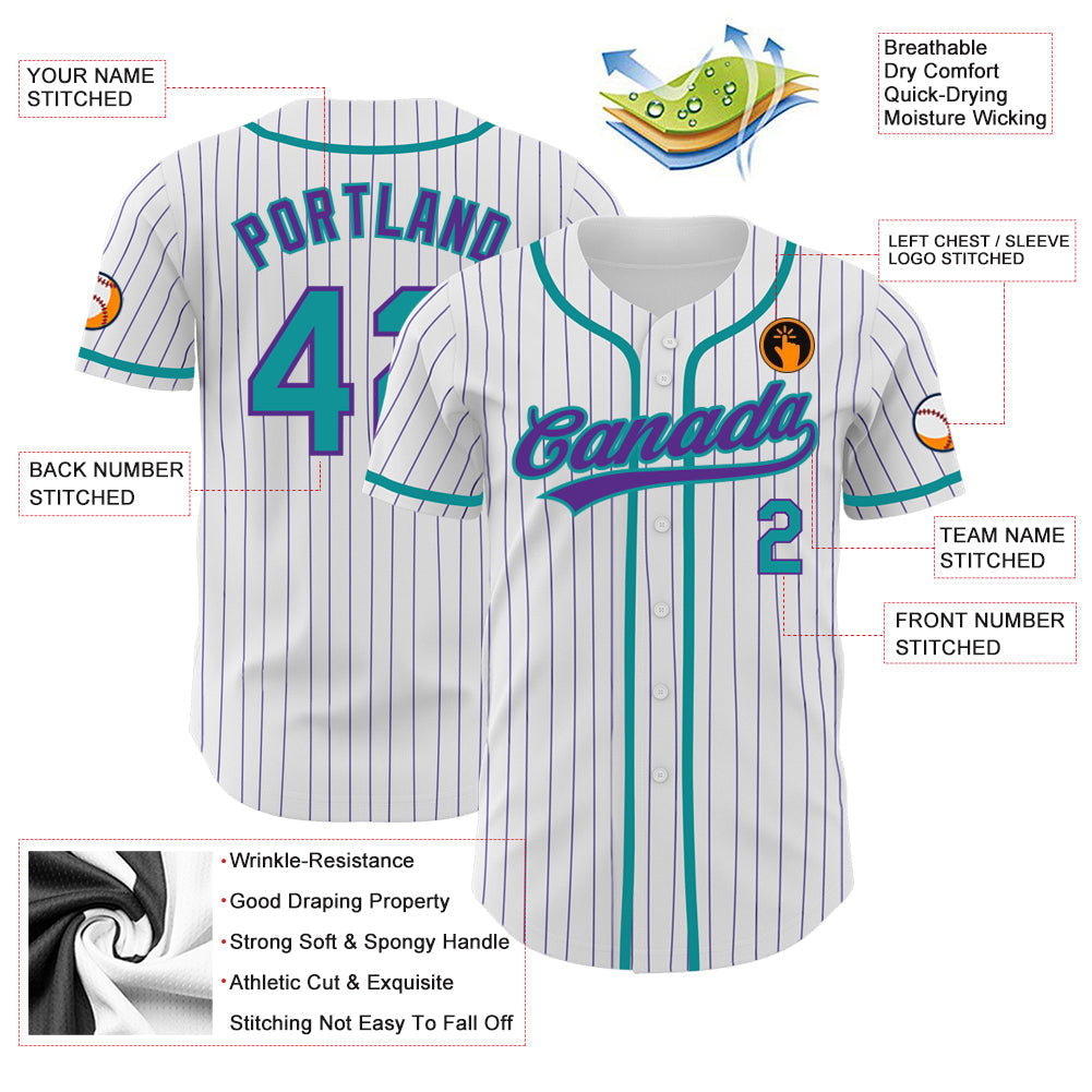Custom White Purple Pinstripe Teal Authentic Baseball Jersey baseball jersey product view 3