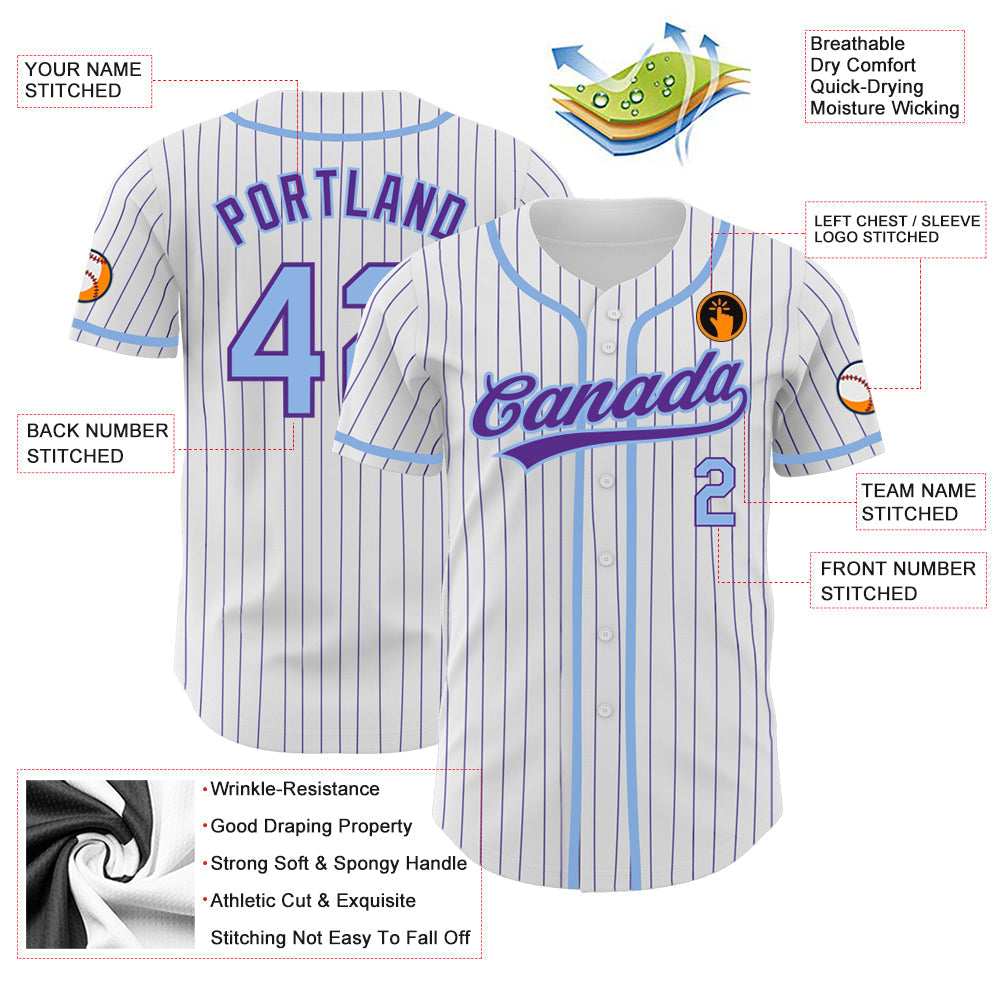 Custom White Purple Pinstripe Light Blue Authentic Baseball Jersey baseball jersey product view 3