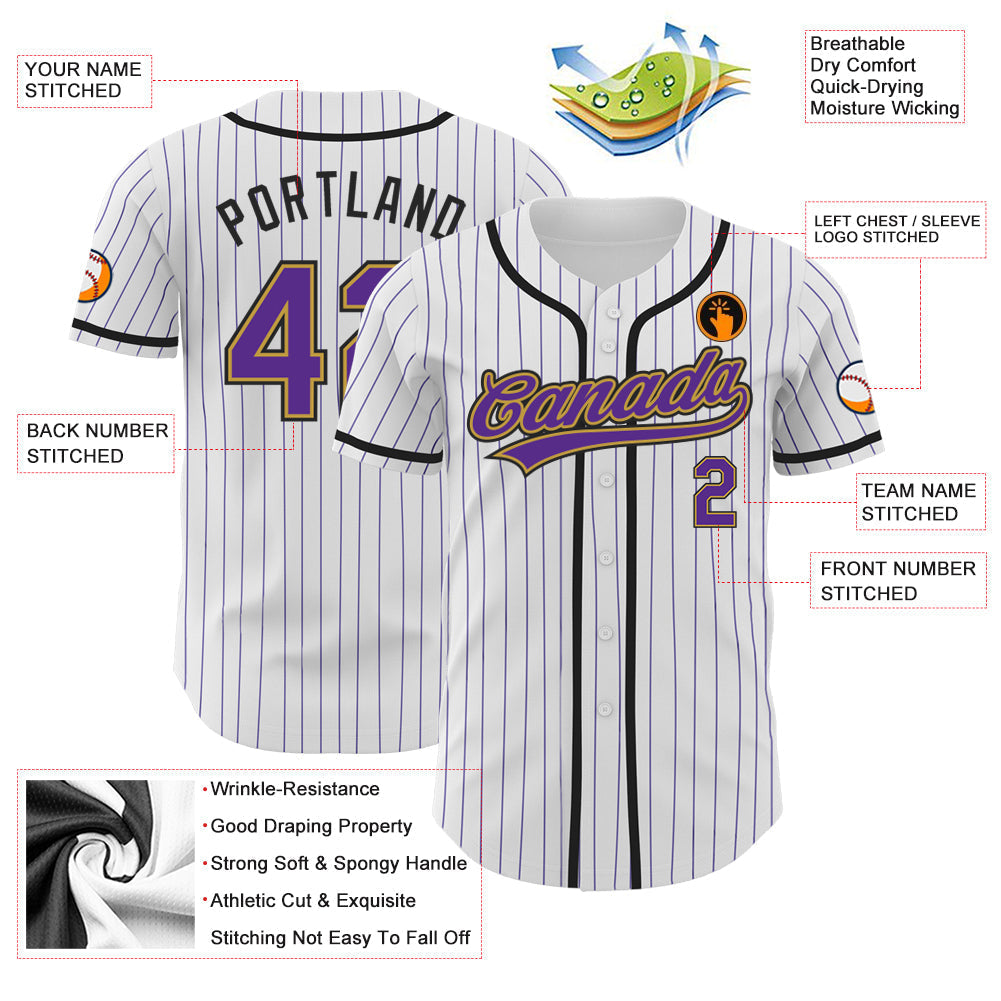 Custom White Purple Pinstripe Purple Old Gold-Black Authentic Baseball Jersey baseball jersey product view 3