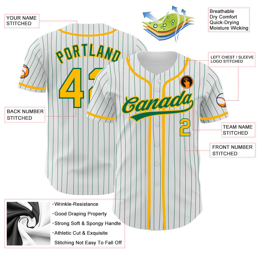 Custom White Kelly Green Pinstripe Gold Authentic Baseball Jersey baseball jersey product view 3