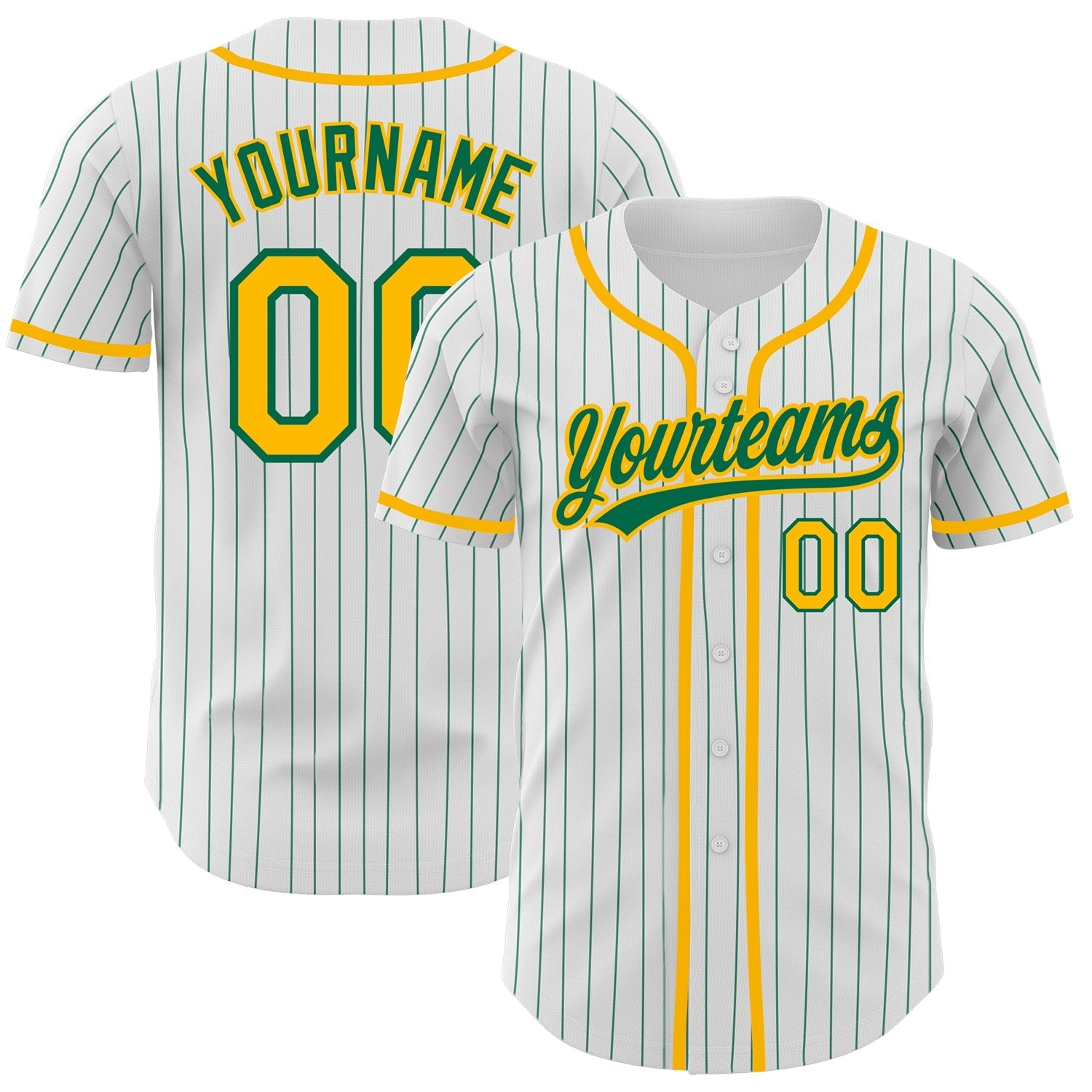 Custom White Kelly Green Pinstripe Gold Authentic Baseball Jersey baseball jersey product view 1