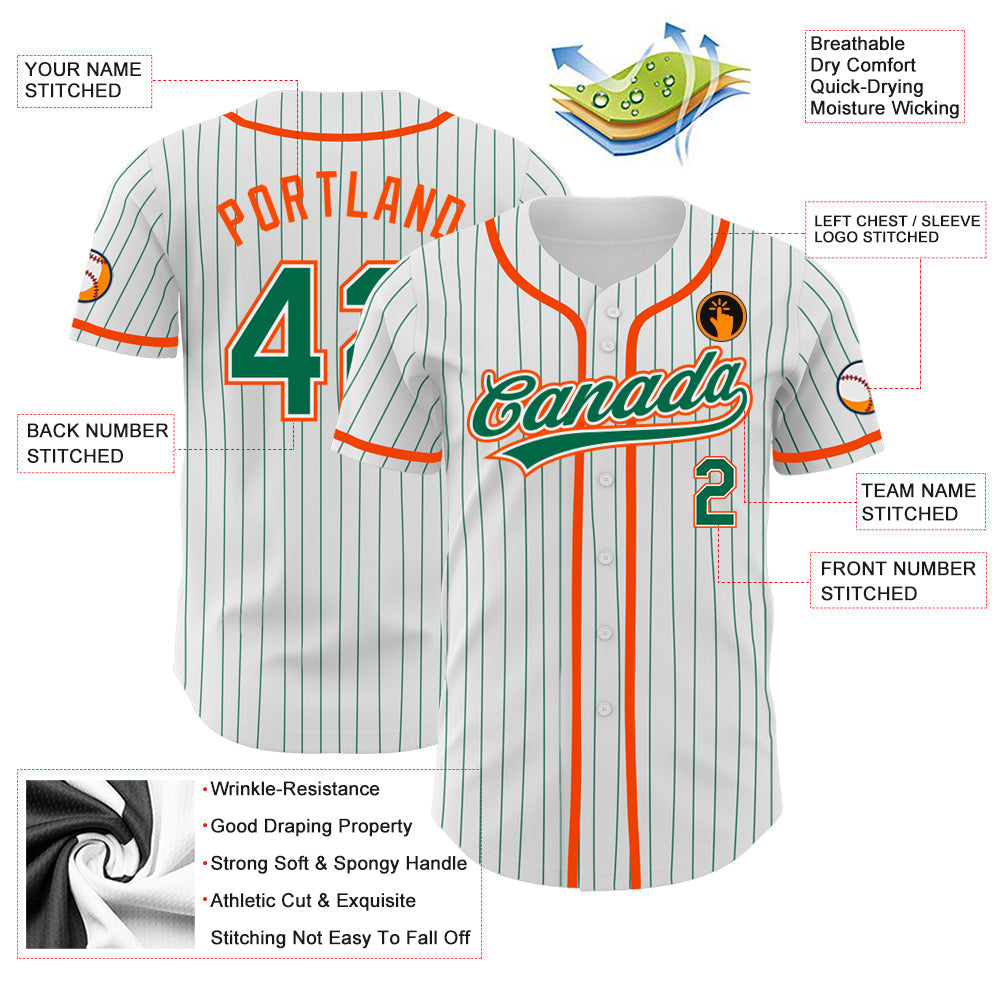 Custom White Kelly Green Pinstripe Kelly Green-Orange Authentic Baseball Jersey baseball jersey product view 3