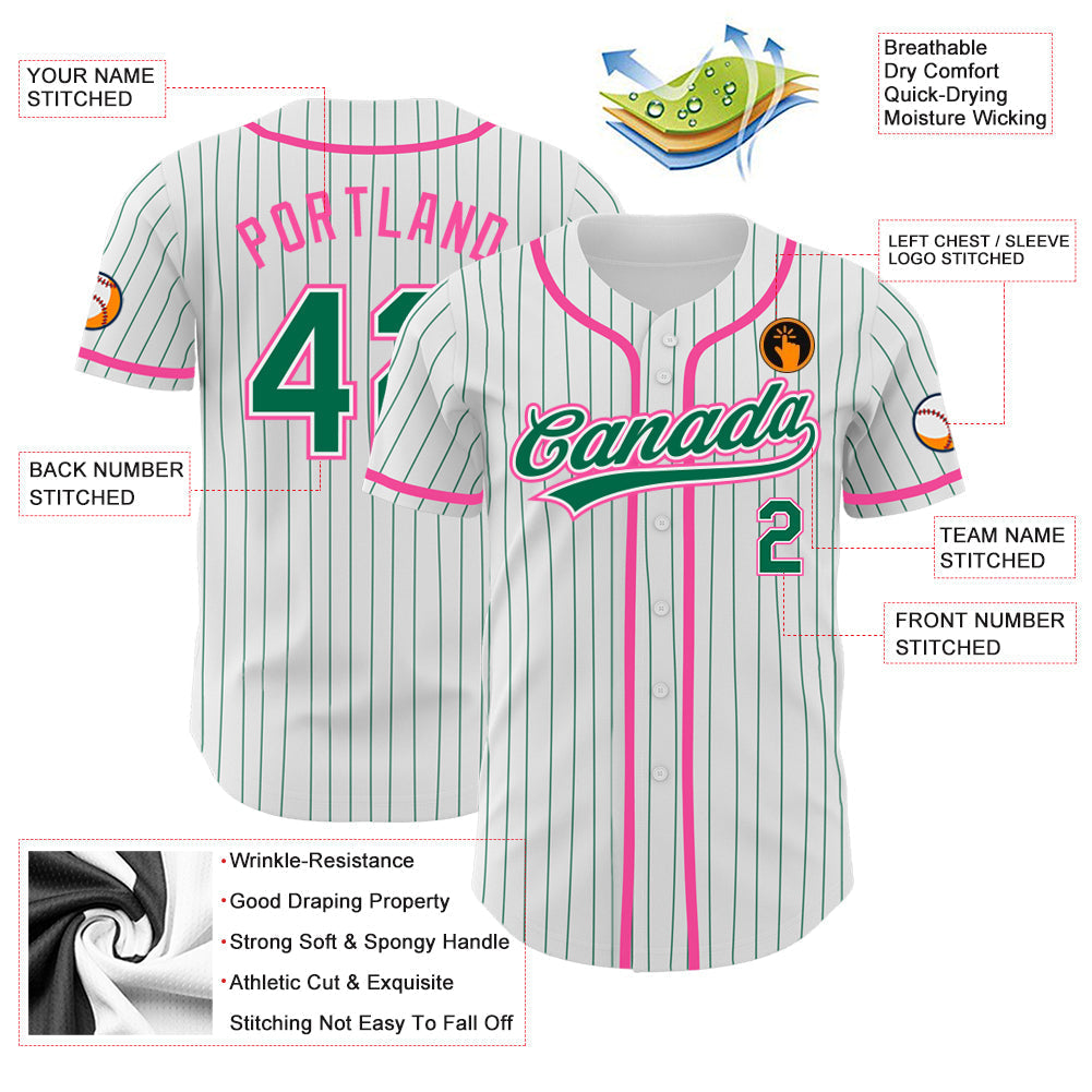 Custom White Kelly Green Pinstripe Kelly Green-Pink Authentic Baseball Jersey baseball jersey product view 3
