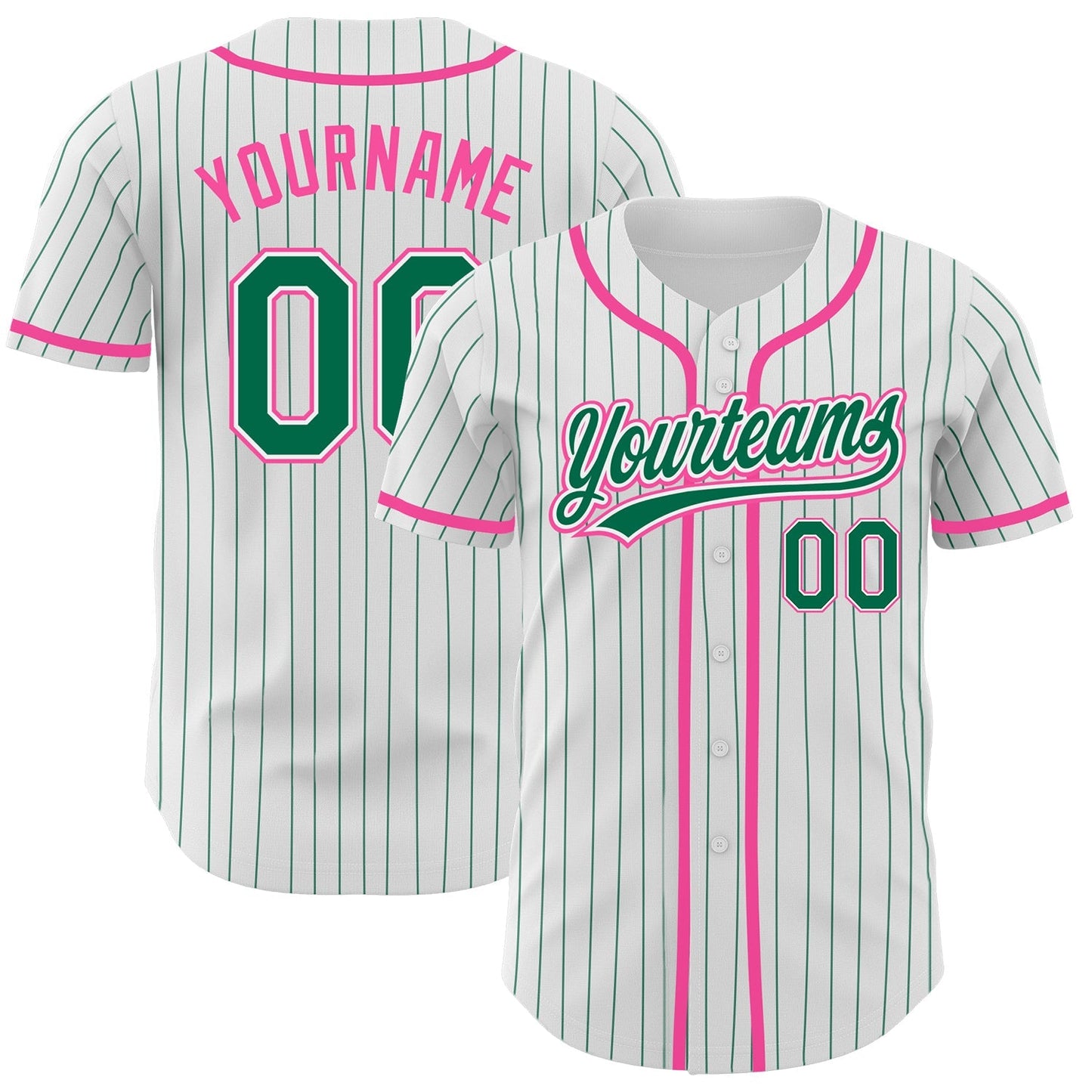 Custom White Kelly Green Pinstripe Kelly Green-Pink Authentic Baseball Jersey baseball jersey product view 1