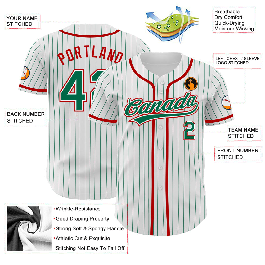 Custom White Kelly Green Pinstripe Kelly Green-Red Authentic Baseball Jersey baseball jersey product view 3