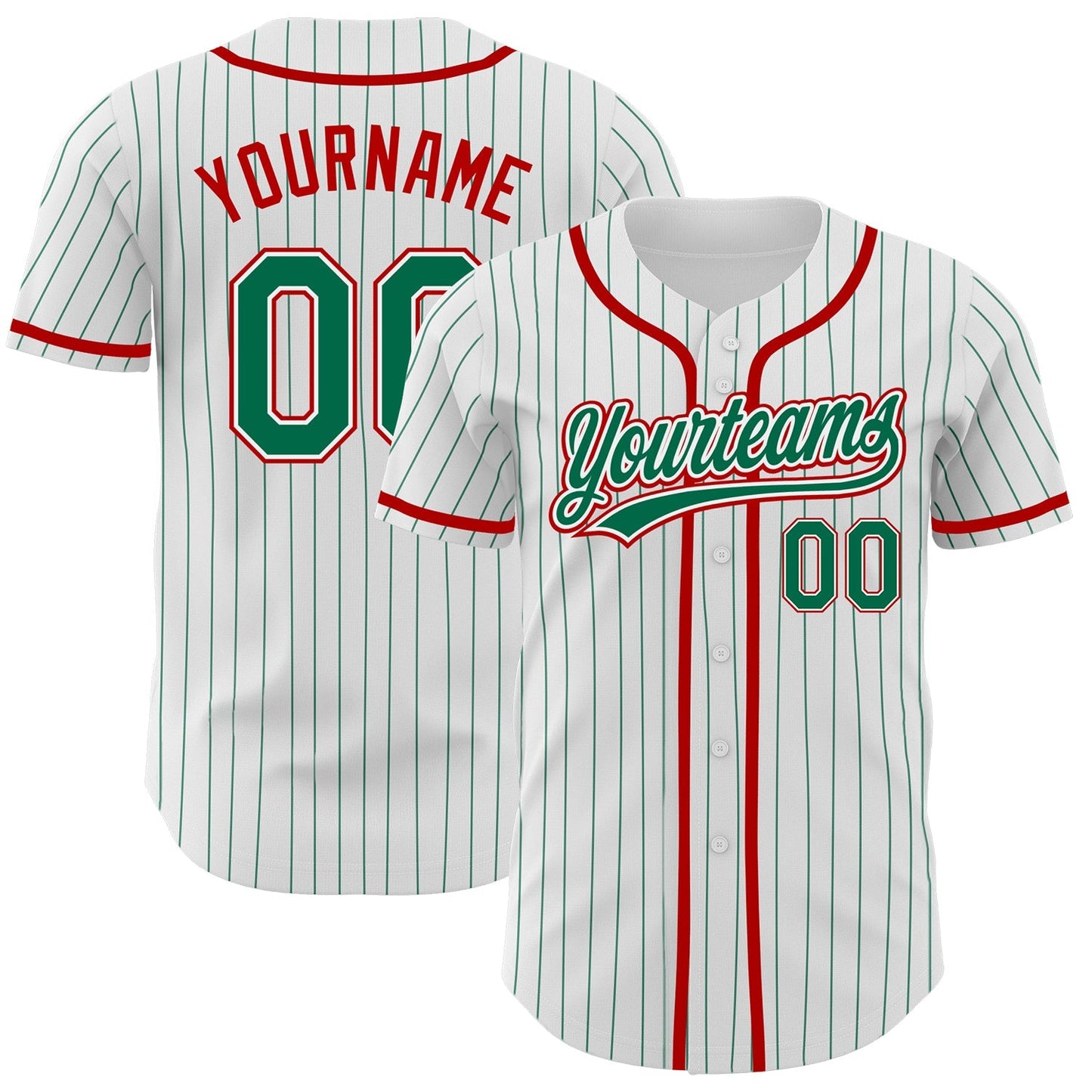 Custom White Kelly Green Pinstripe Kelly Green-Red Authentic Baseball Jersey baseball jersey product view 1