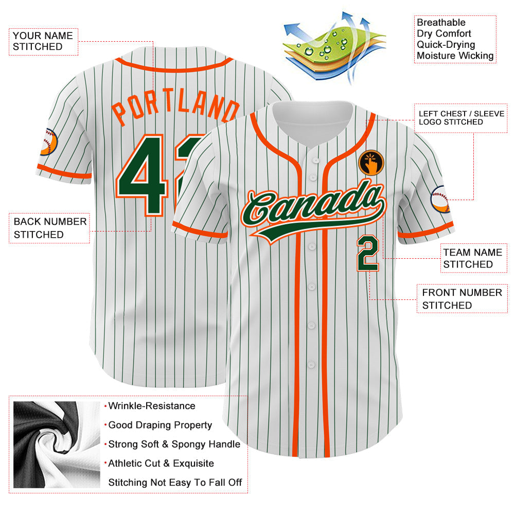 Custom White Green Pinstripe Green-Orange Authentic Baseball Jersey baseball jersey product view 3