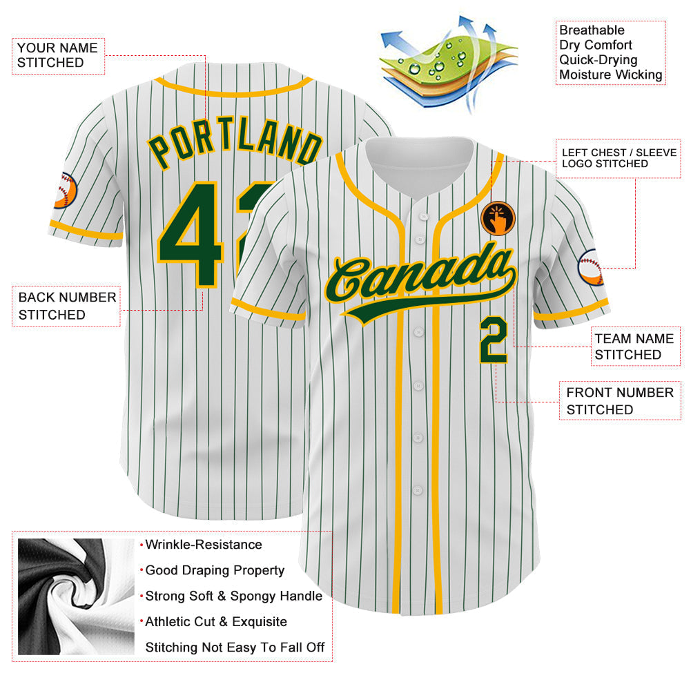 Custom White Green Pinstripe Green-Gold Authentic Baseball Jersey baseball jersey product view 3