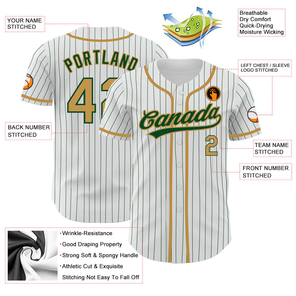 Custom White Green Pinstripe Old Gold Authentic Baseball Jersey baseball jersey product view 3