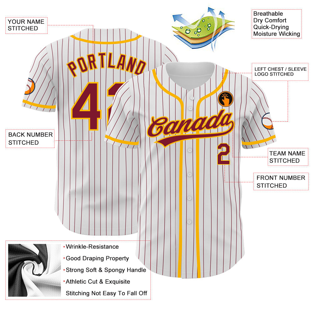 Custom White Crimson Pinstripe Crimson-Gold Authentic Baseball Jersey baseball jersey product view 3