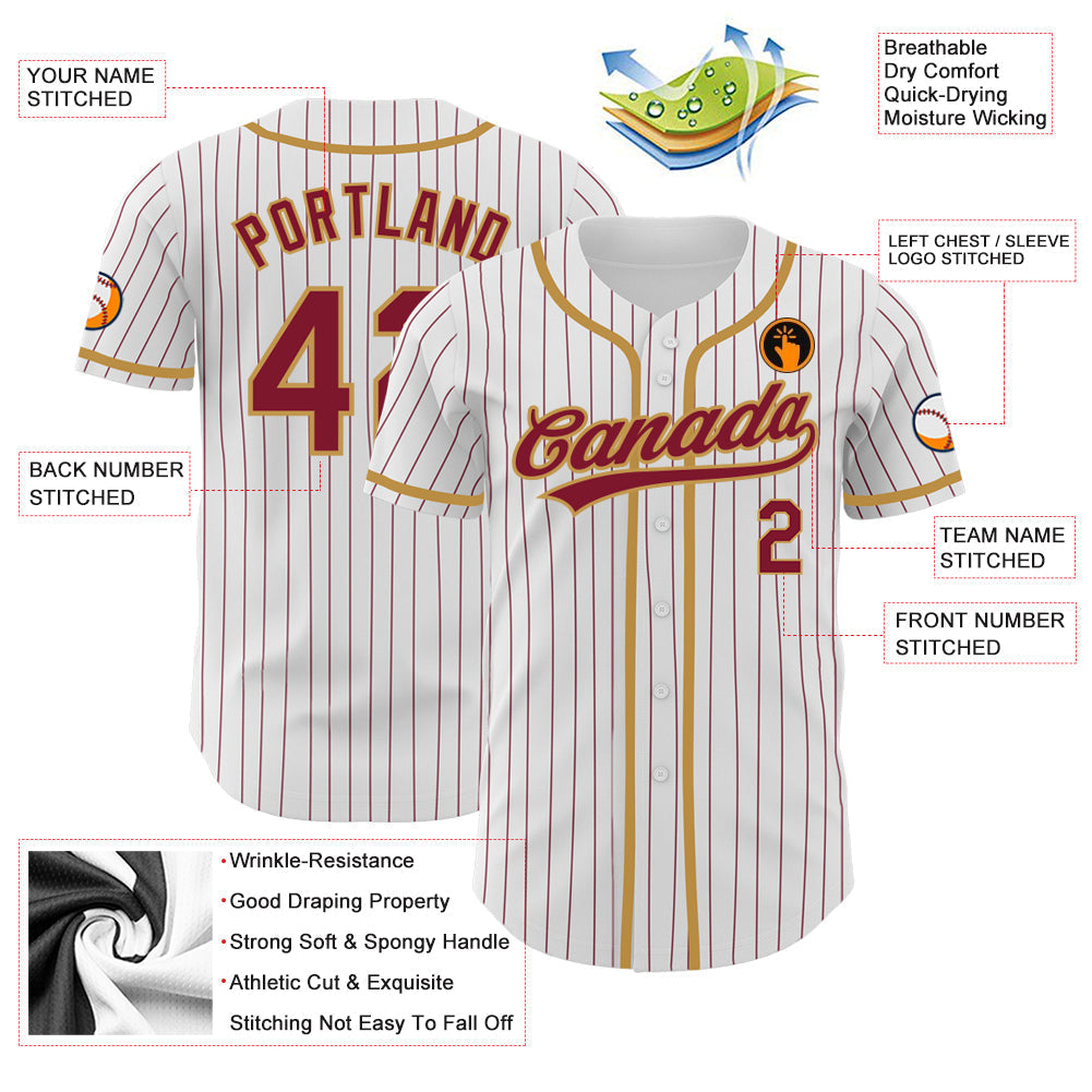 Custom White Crimson Pinstripe Crimson-Old Gold Authentic Baseball Jersey baseball jersey product view 3