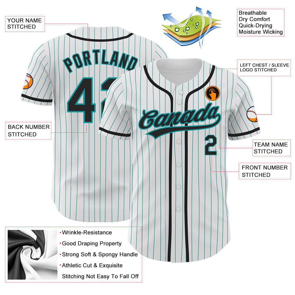Custom White Teal Pinstripe Black Authentic Baseball Jersey baseball jersey product view 3