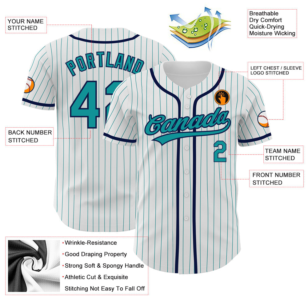Custom White Teal Pinstripe Teal-Navy Authentic Baseball Jersey baseball jersey product view 3