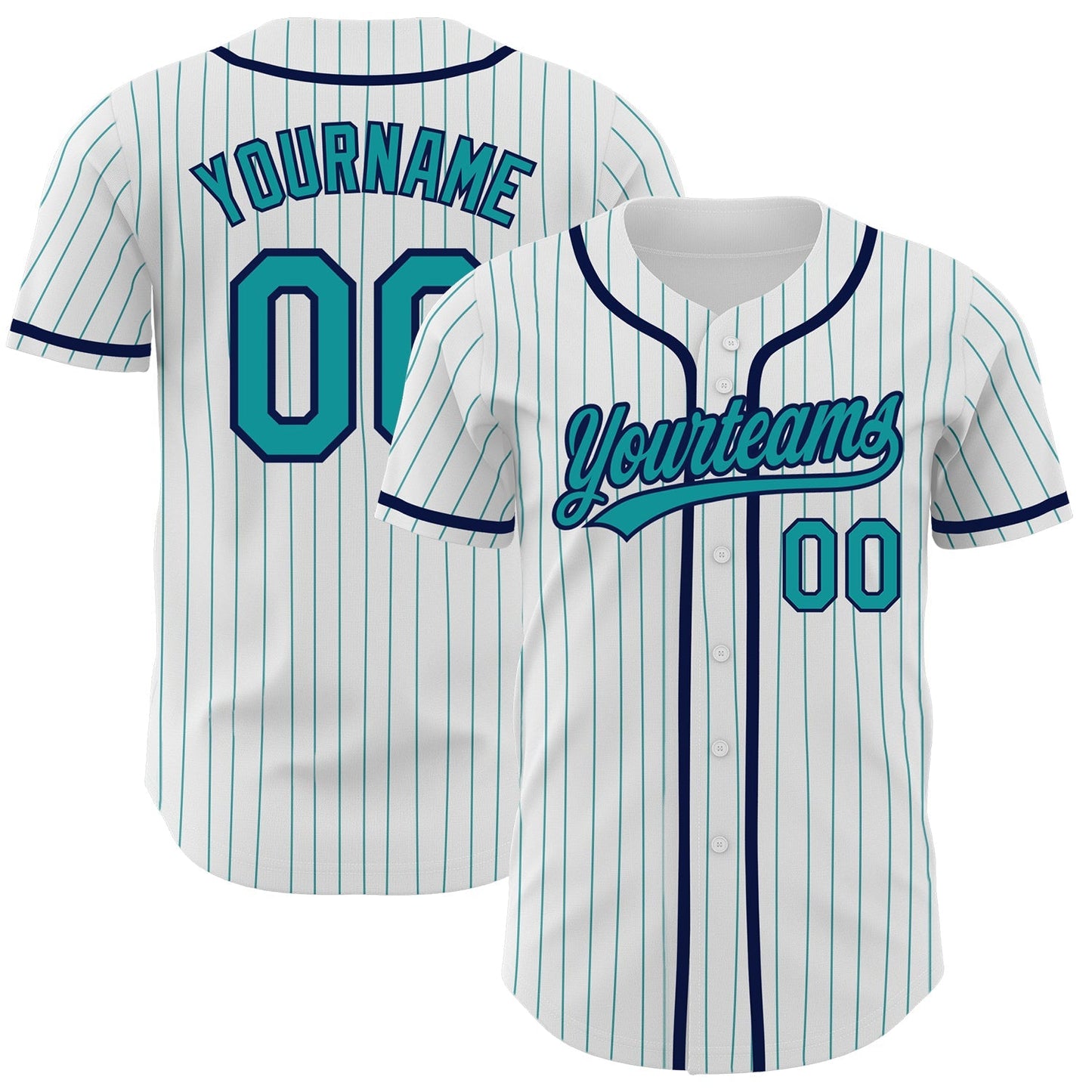Custom White Teal Pinstripe Teal-Navy Authentic Baseball Jersey baseball jersey product view 1