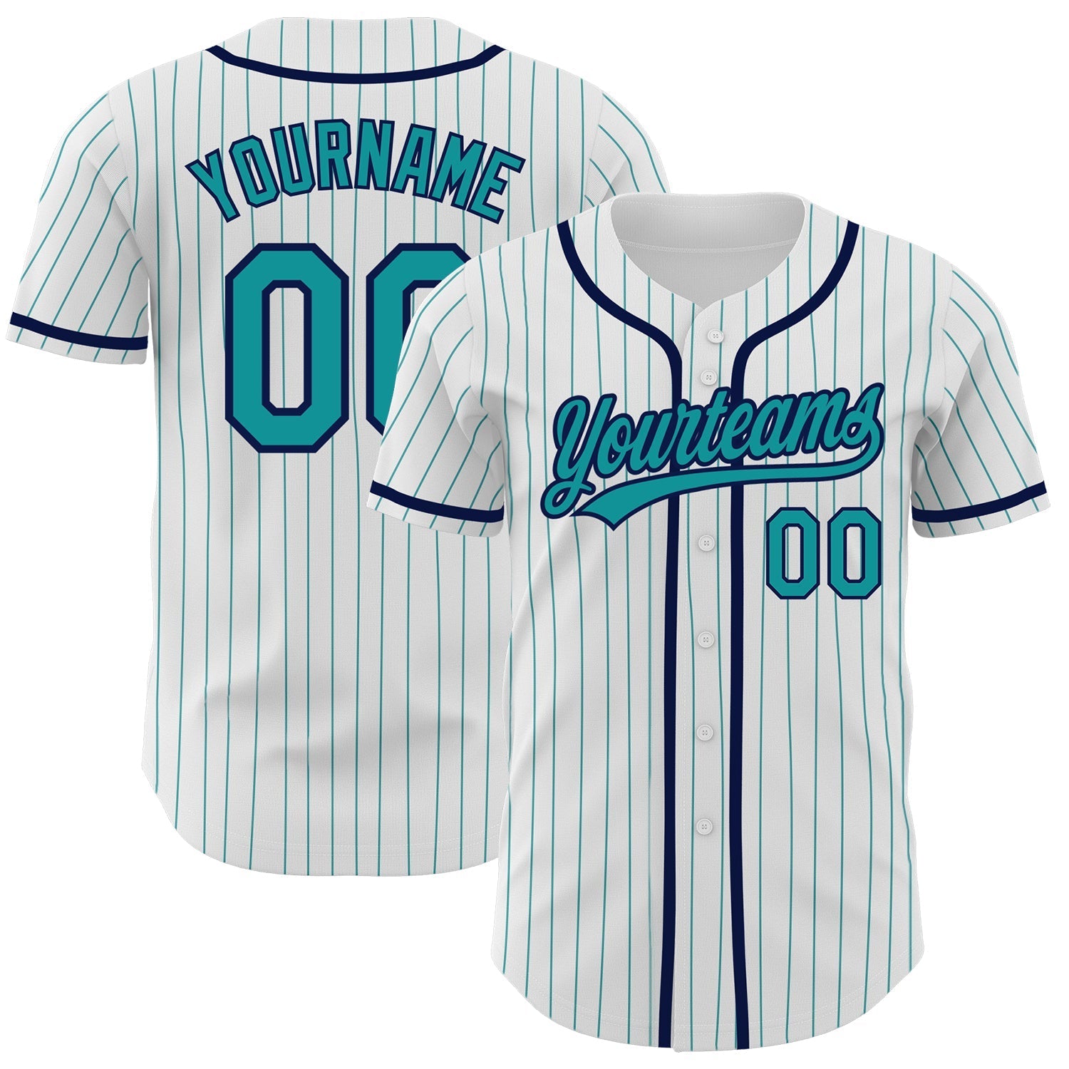 Custom White Teal Pinstripe Teal-Navy Authentic Baseball Jersey baseball jersey product view 1