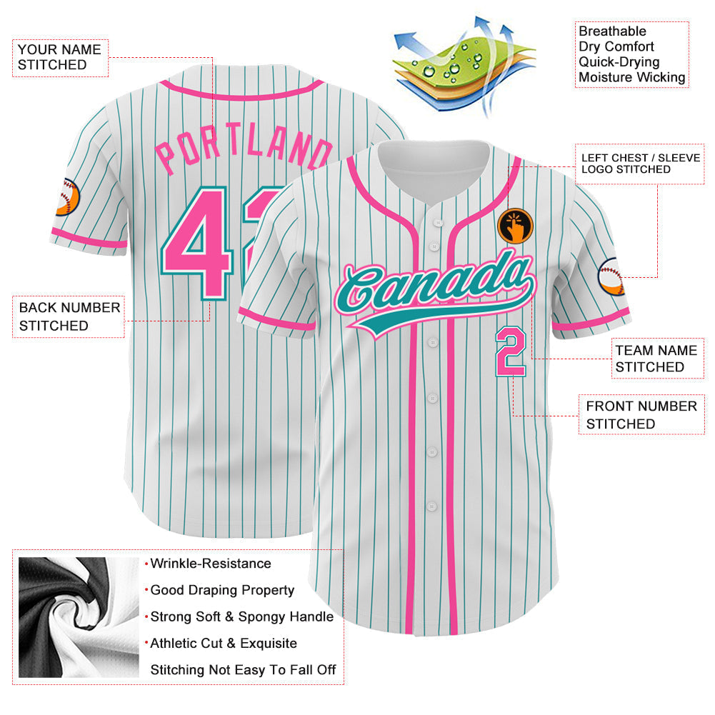 Custom White Teal Pinstripe Pink Authentic Baseball Jersey baseball jersey product view 4
