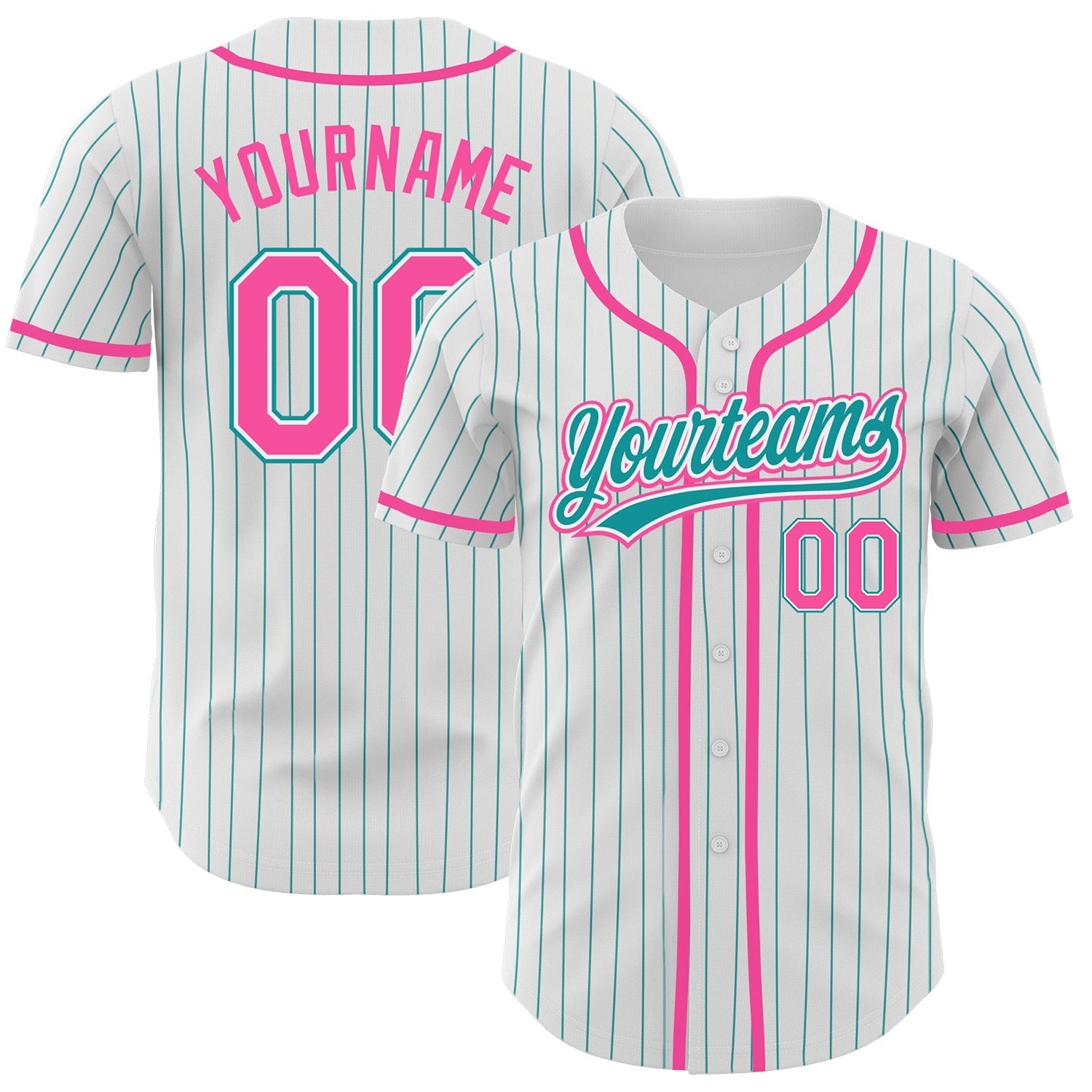 Custom White Teal Pinstripe Pink Authentic Baseball Jersey baseball jersey product view 1