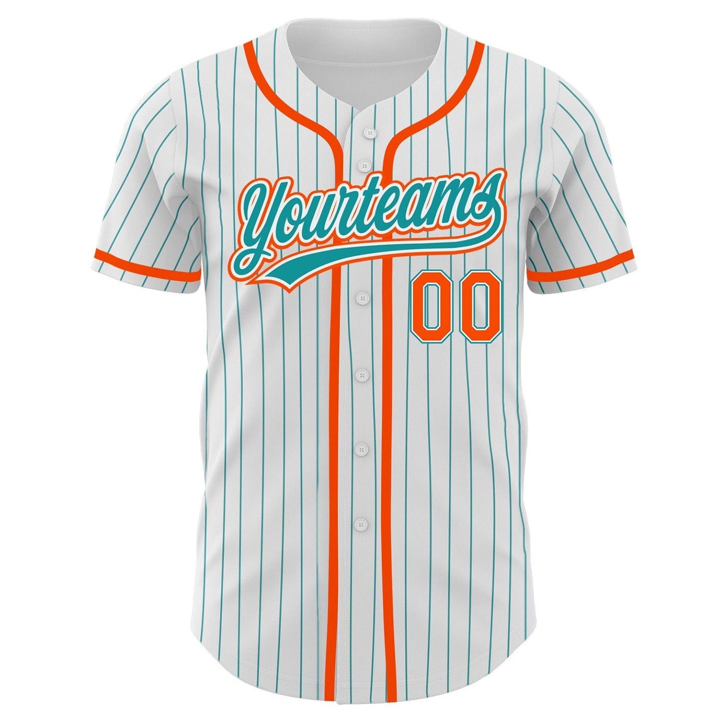 Custom White Teal Pinstripe Teal-Orange Authentic Baseball Jersey baseball jersey product view 2
