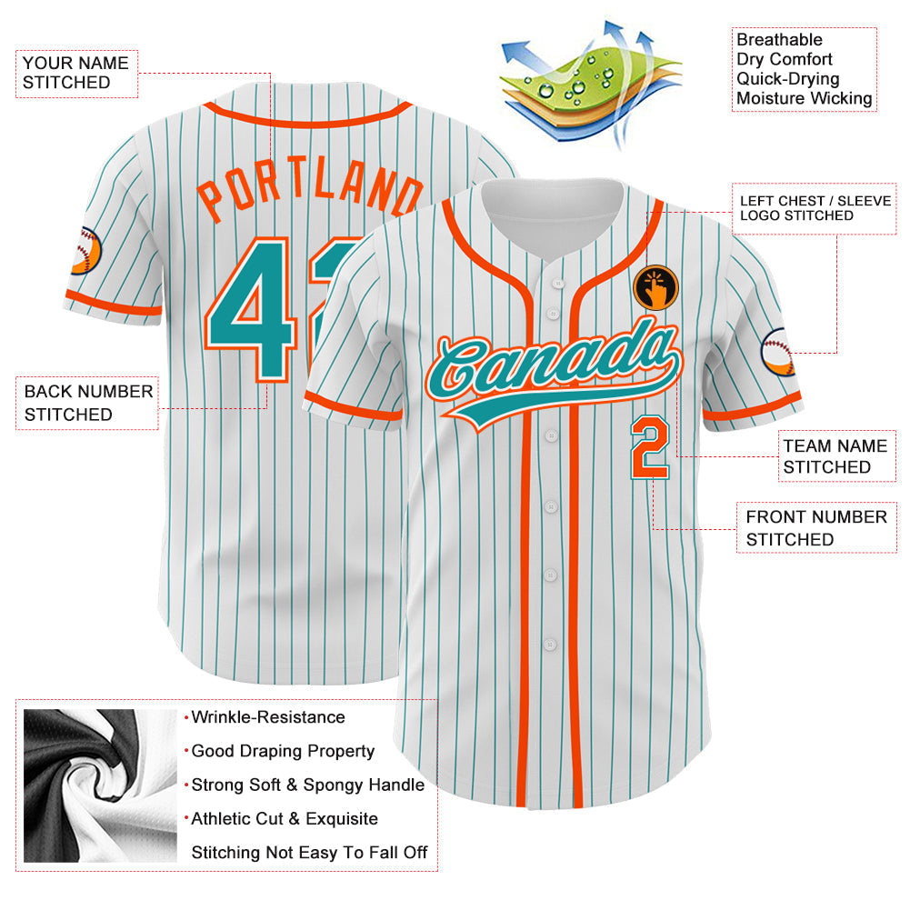 Custom White Teal Pinstripe Teal-Orange Authentic Baseball Jersey baseball jersey product view 3