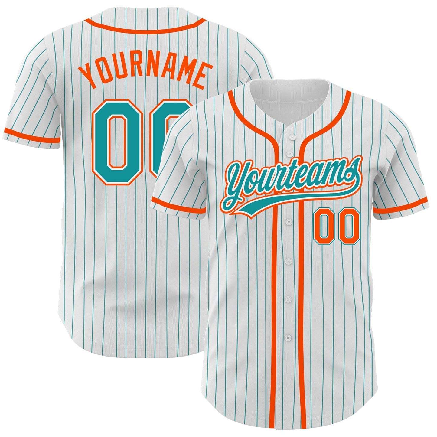 Custom White Teal Pinstripe Teal-Orange Authentic Baseball Jersey baseball jersey product view 1