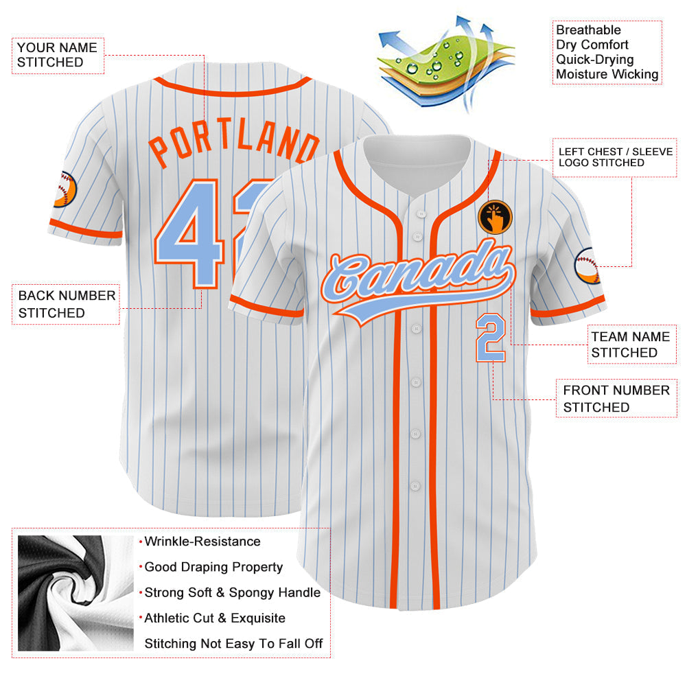Custom White Light Blue Pinstripe Light Blue-Orange Authentic Baseball Jersey baseball jersey product view 3