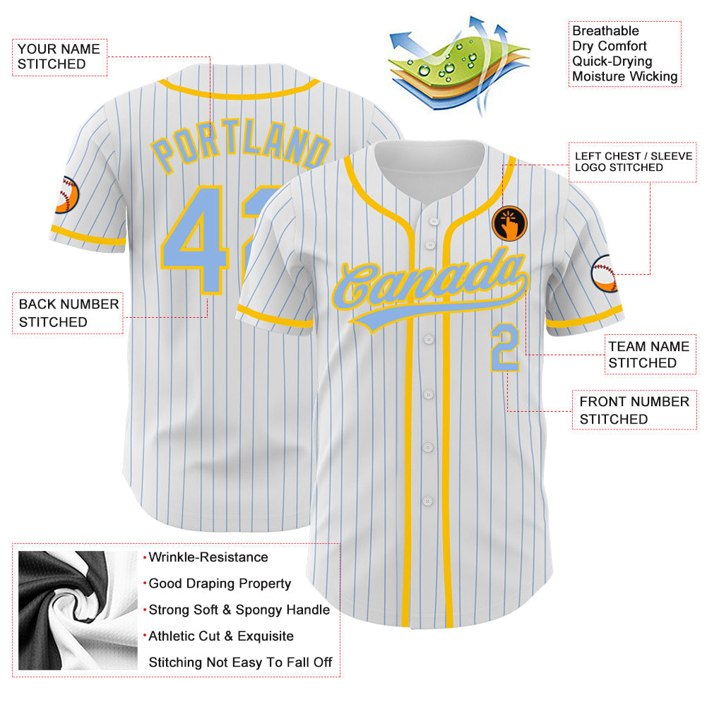Custom White Light Blue Pinstripe Light Blue-Yellow Authentic Baseball Jersey baseball jersey product view 3