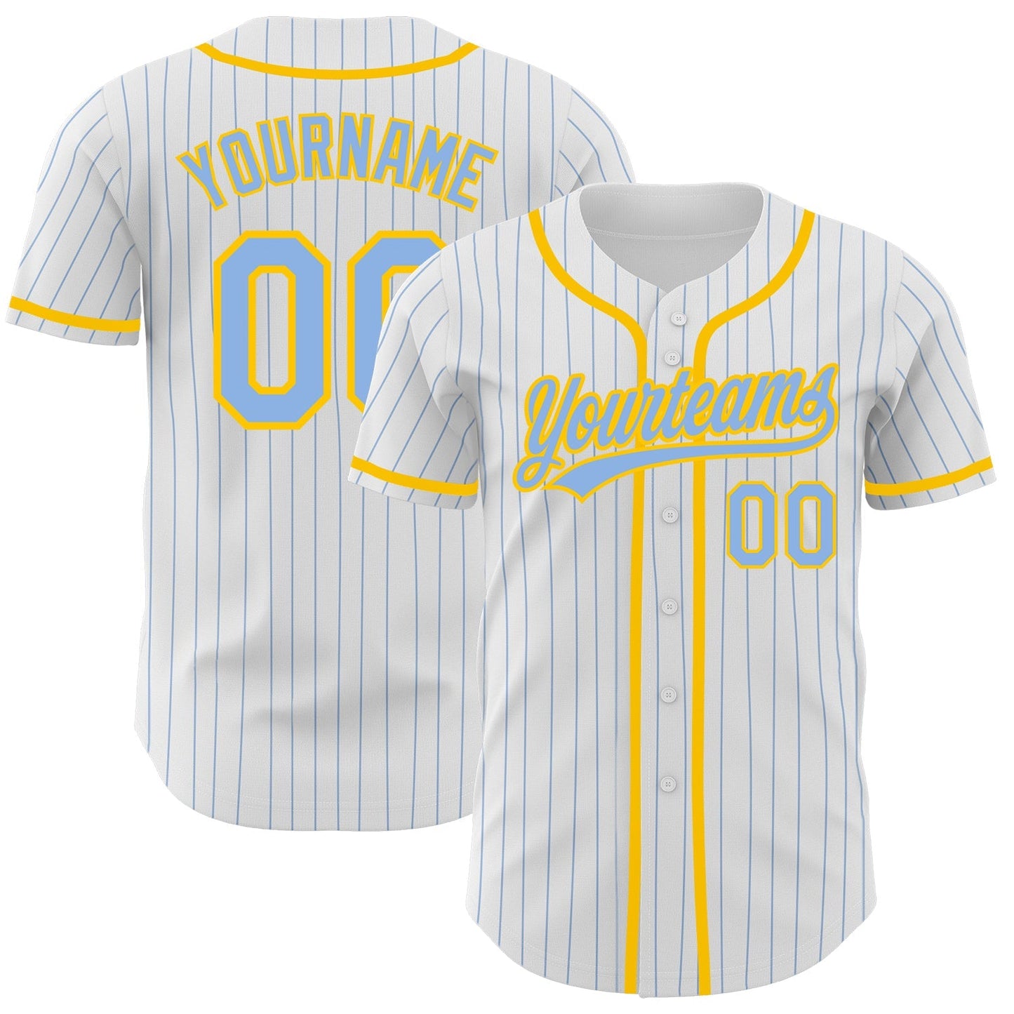 Custom White Light Blue Pinstripe Light Blue-Yellow Authentic Baseball Jersey baseball jersey product view 1