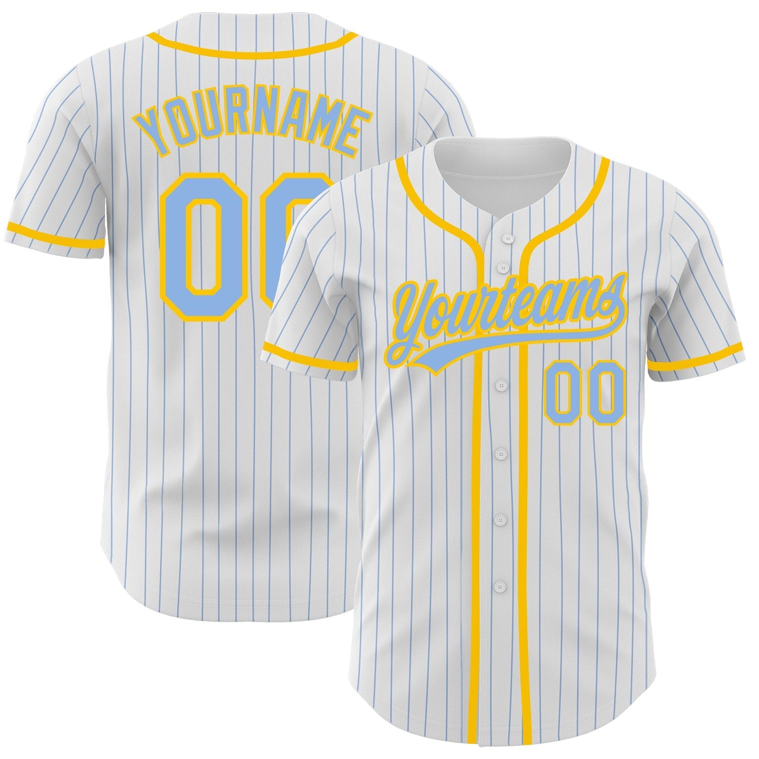 Custom White Light Blue Pinstripe Light Blue-Yellow Authentic Baseball Jersey baseball jersey product view 1