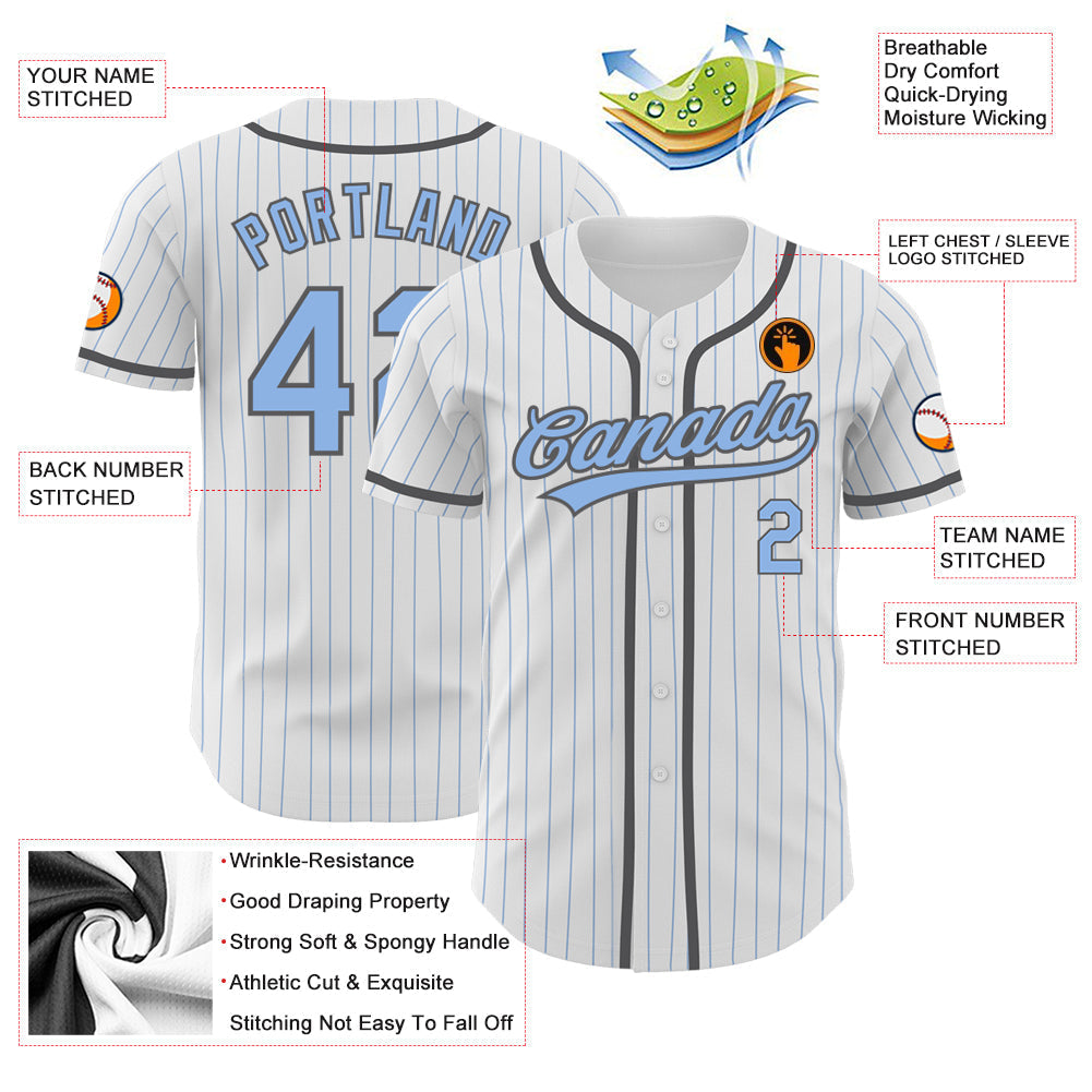 Custom White Light Blue Pinstripe Light Blue-Steel Gray Authentic Baseball Jersey baseball jersey product view 3