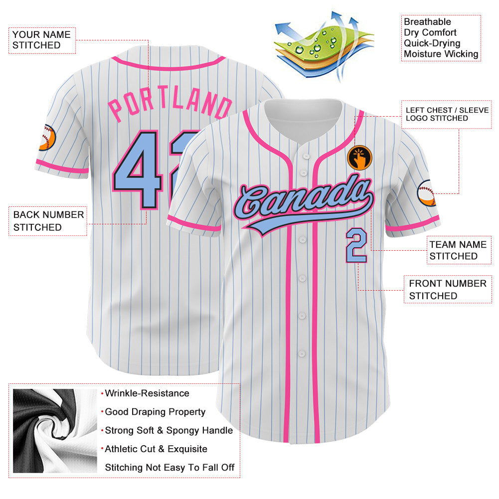 Custom White Light Blue Pinstripe Light Blue Black-Pink Authentic Baseball Jersey baseball jersey product view 3