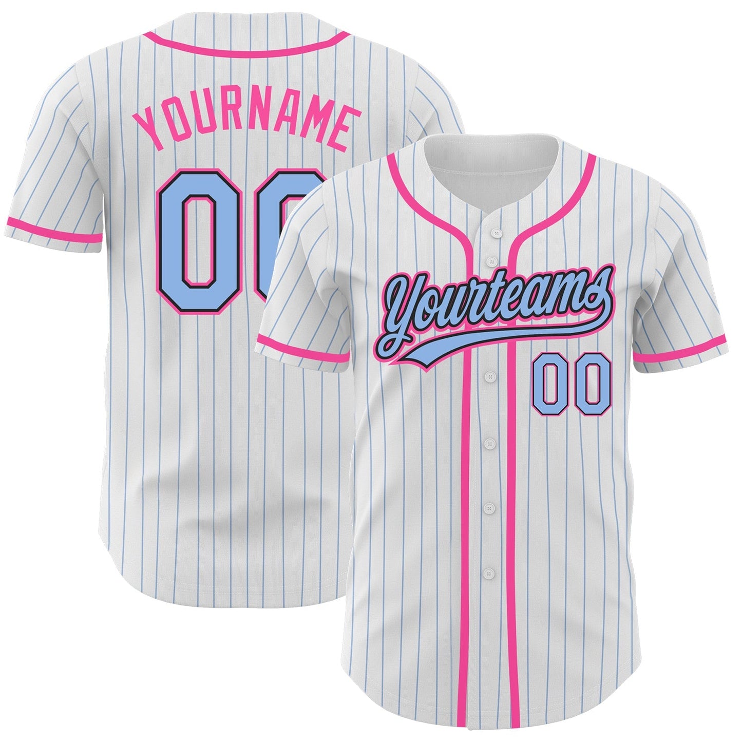 Custom White Light Blue Pinstripe Light Blue Black-Pink Authentic Baseball Jersey baseball jersey product view 1