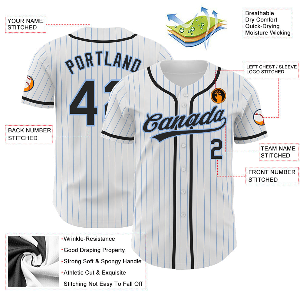 Custom White Light Blue Pinstripe Black Authentic Baseball Jersey baseball jersey product view 3