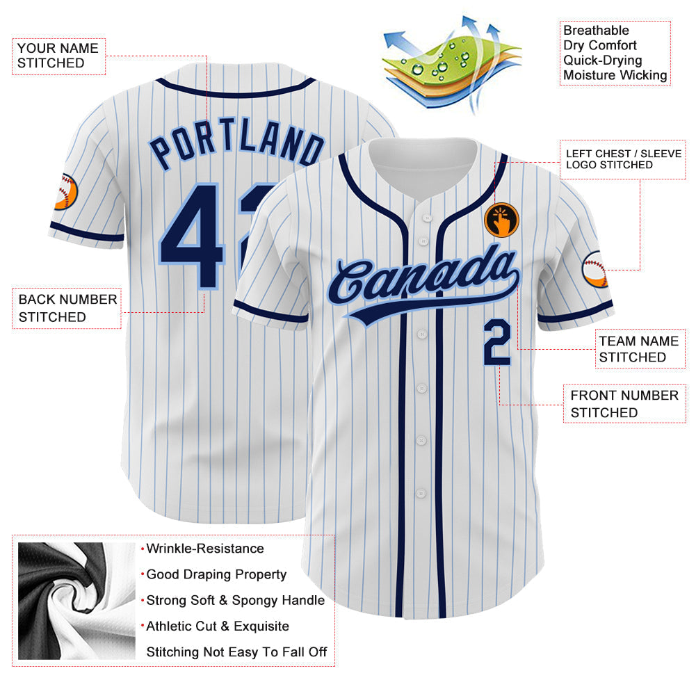 Custom White Light Blue Pinstripe Navy Authentic Baseball Jersey baseball jersey product view 3