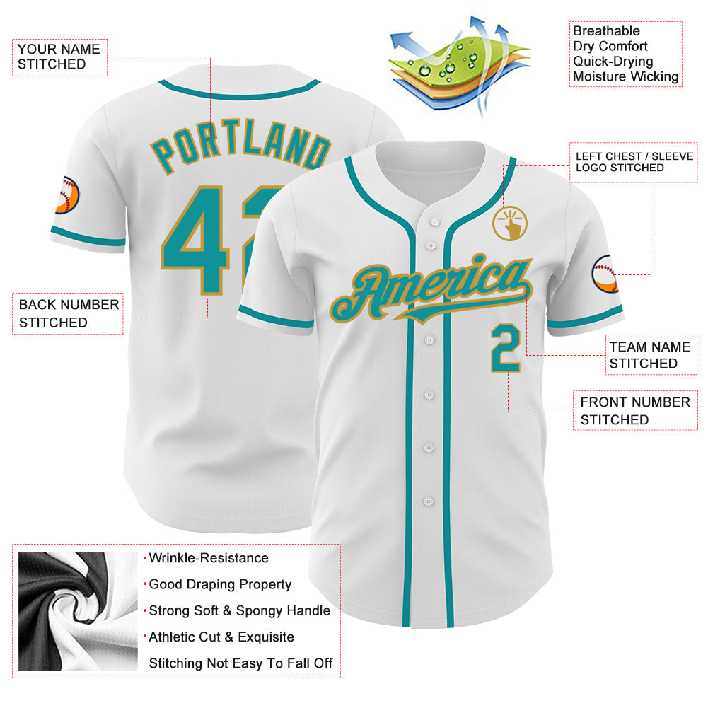 Custom White Teal-Old Gold Authentic Baseball Jersey baseball jersey product view 3