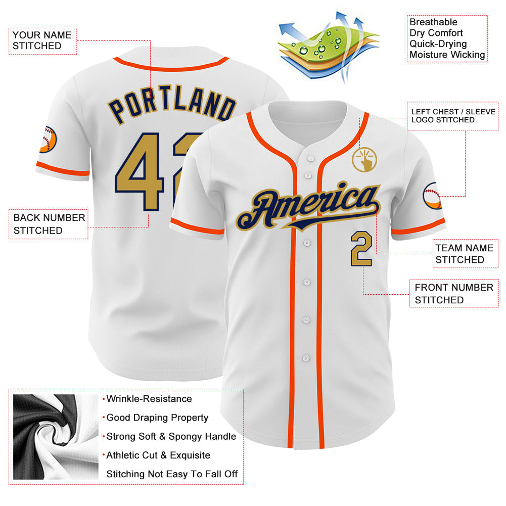 Custom White Old Gold Navy-Orange Authentic Baseball Jersey baseball jersey product view 3
