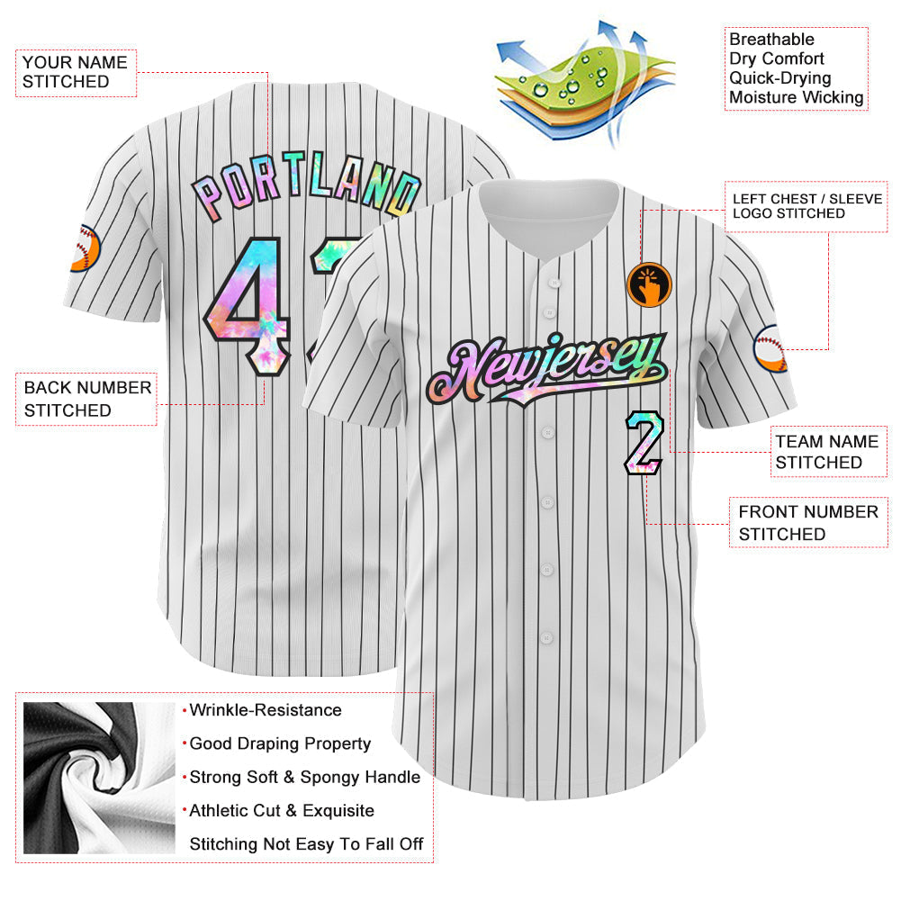 Custom White Black Pinstripe Tie Dye Authentic Baseball Jersey baseball jersey product view 3