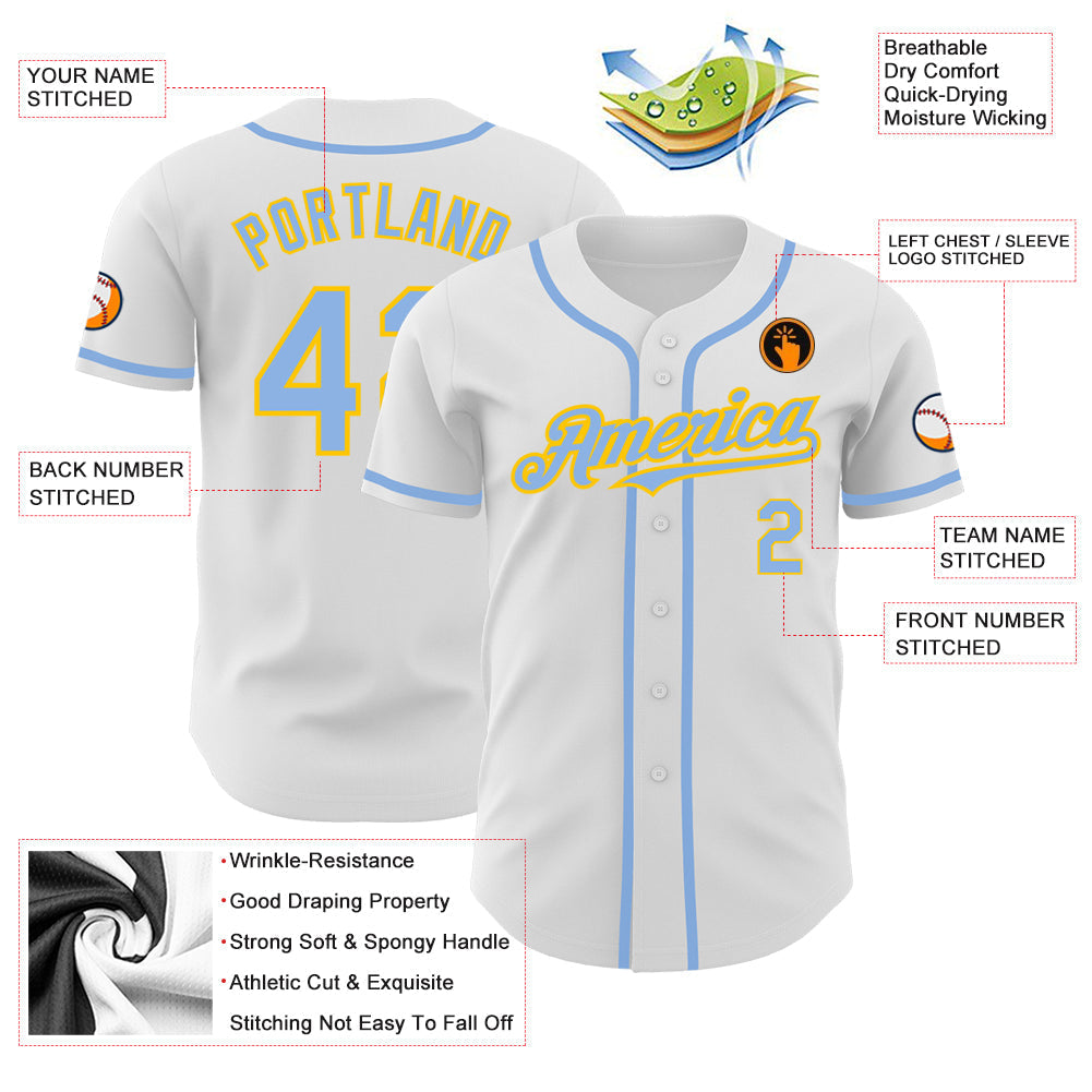 Custom White Light Blue-Yellow Authentic Baseball Jersey baseball jersey product view 3