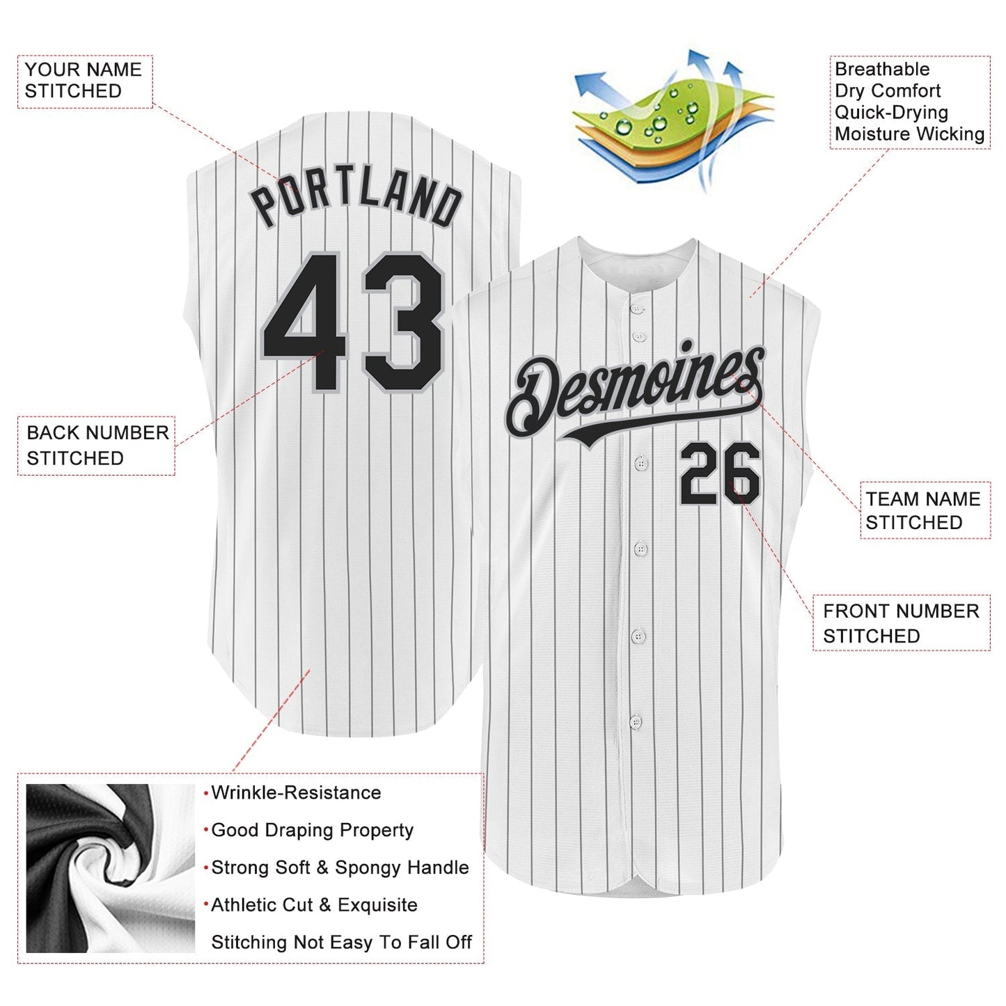 Custom White Black Pinstripe Gray Authentic Sleeveless Baseball Jersey baseball jersey product view 2