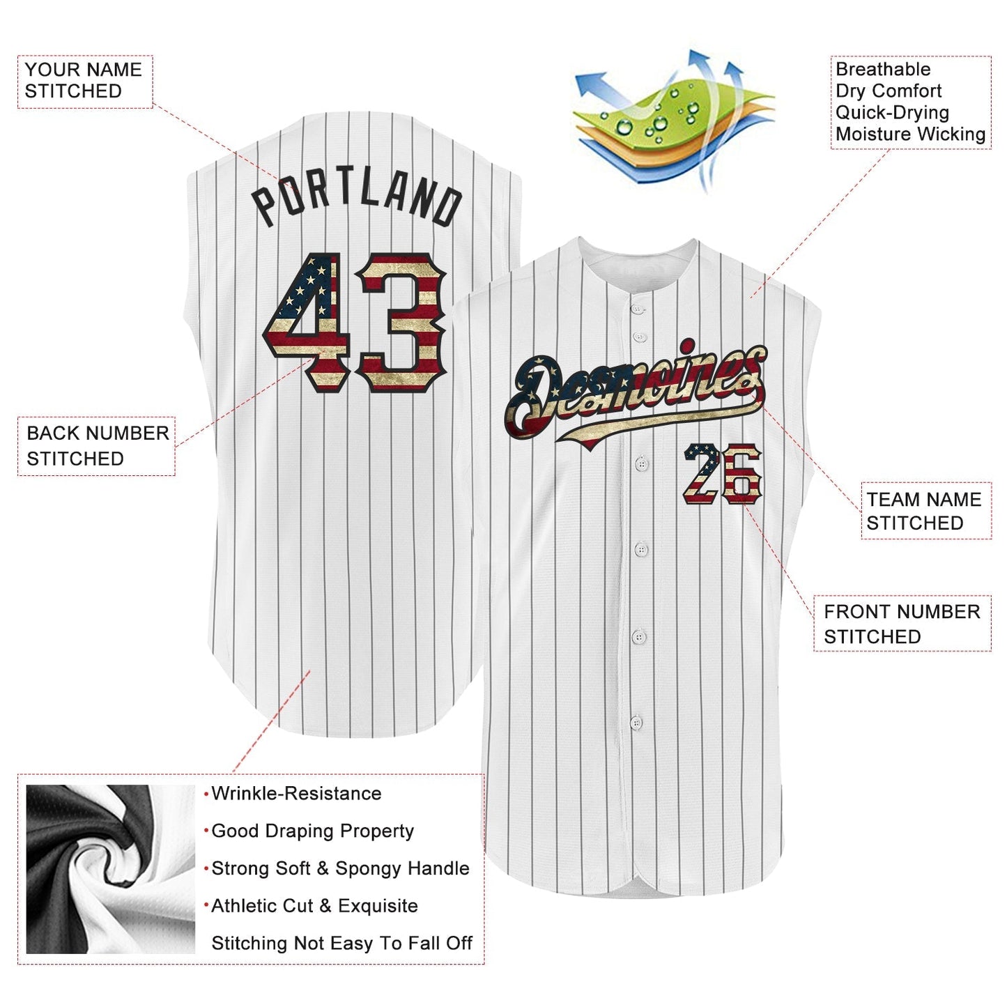 Custom White Black Pinstripe Vintage USA Flag Authentic Sleeveless Baseball Jersey baseball jersey product view 2
