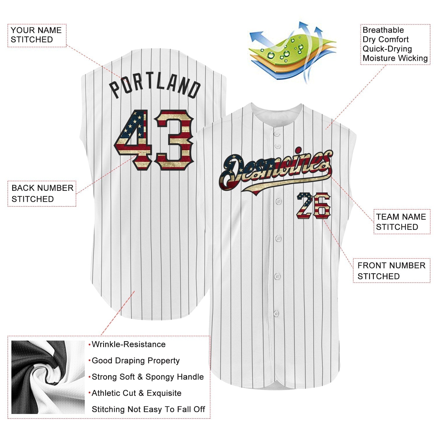Custom White Black Pinstripe Vintage USA Flag Authentic Sleeveless Baseball Jersey baseball jersey product view 2