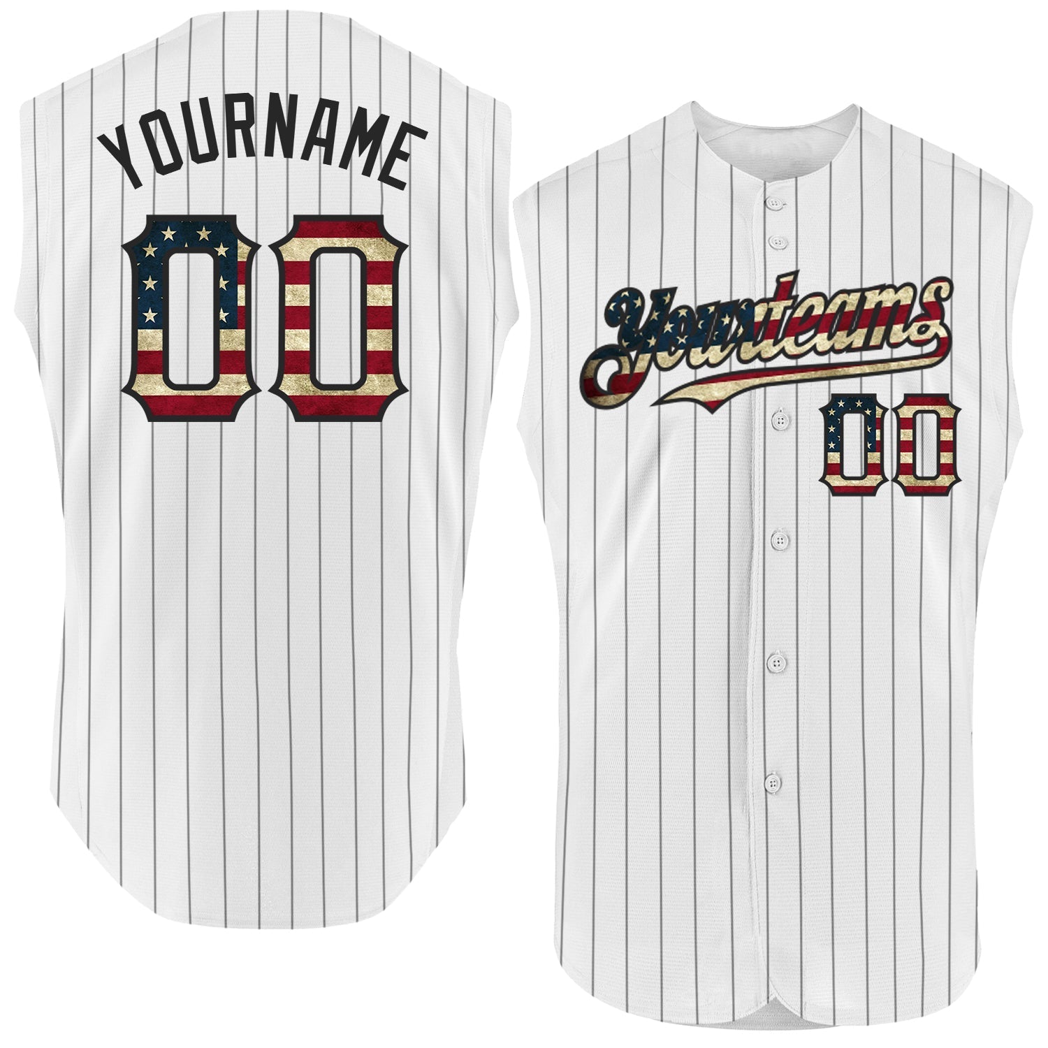 Custom White Black Pinstripe Vintage USA Flag Authentic Sleeveless Baseball Jersey baseball jersey product view 1