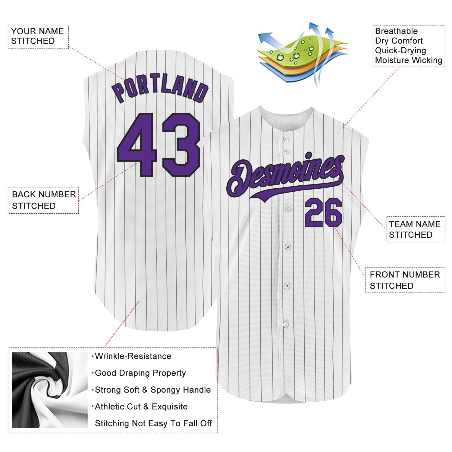 Custom White Black Pinstripe Purple Authentic Sleeveless Baseball Jersey baseball jersey product view 2