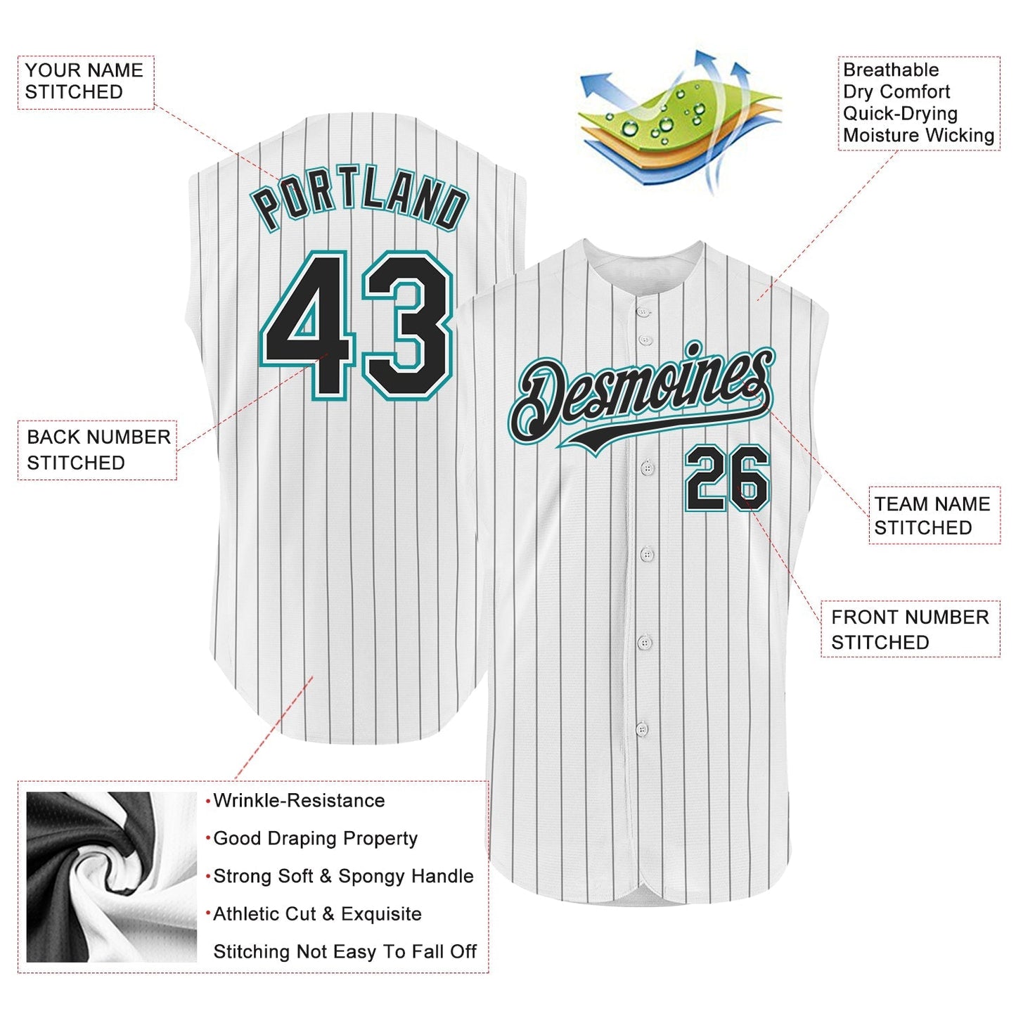 Custom White Black Pinstripe Teal Authentic Sleeveless Baseball Jersey baseball jersey product view 2