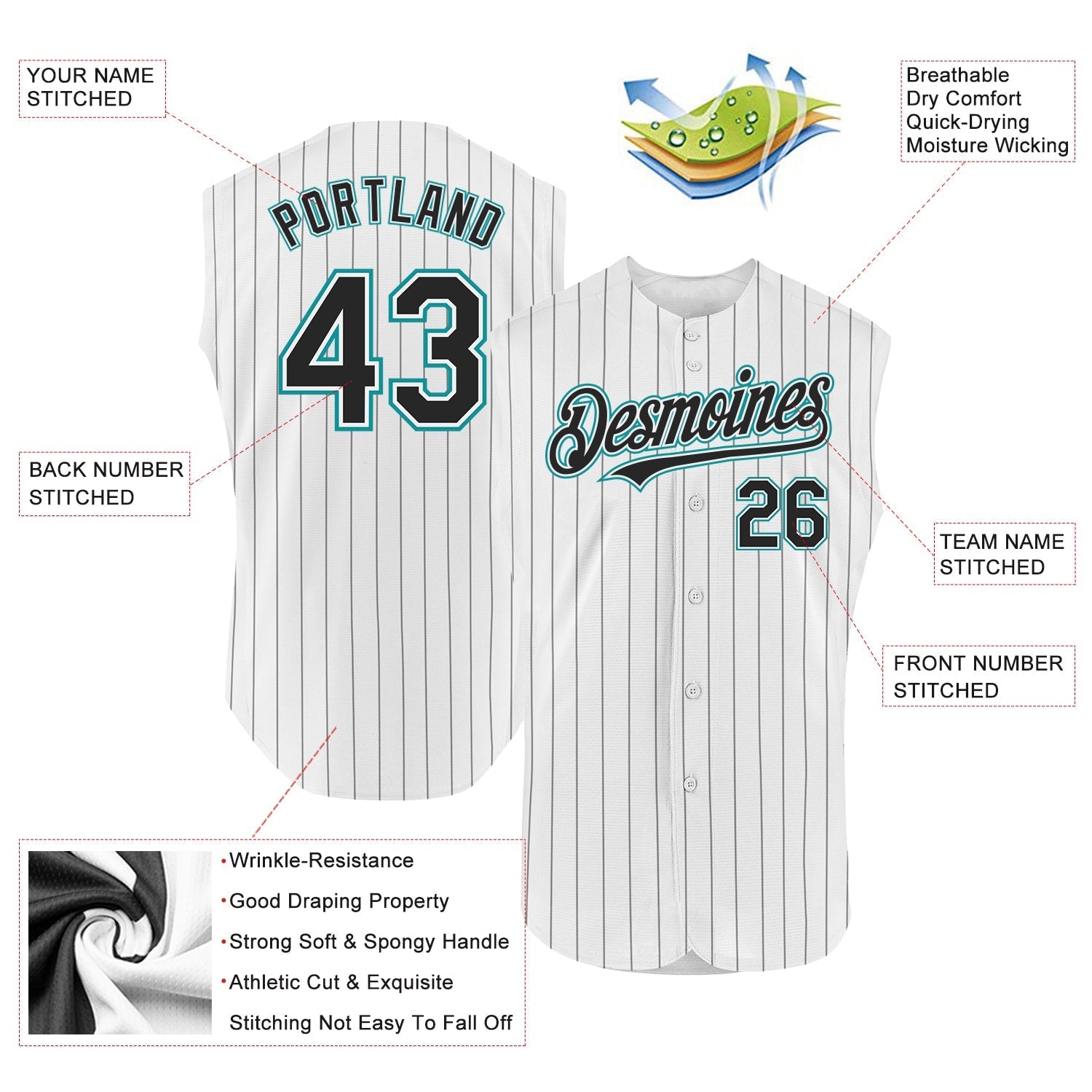 Custom White Black Pinstripe Teal Authentic Sleeveless Baseball Jersey baseball jersey product view 2
