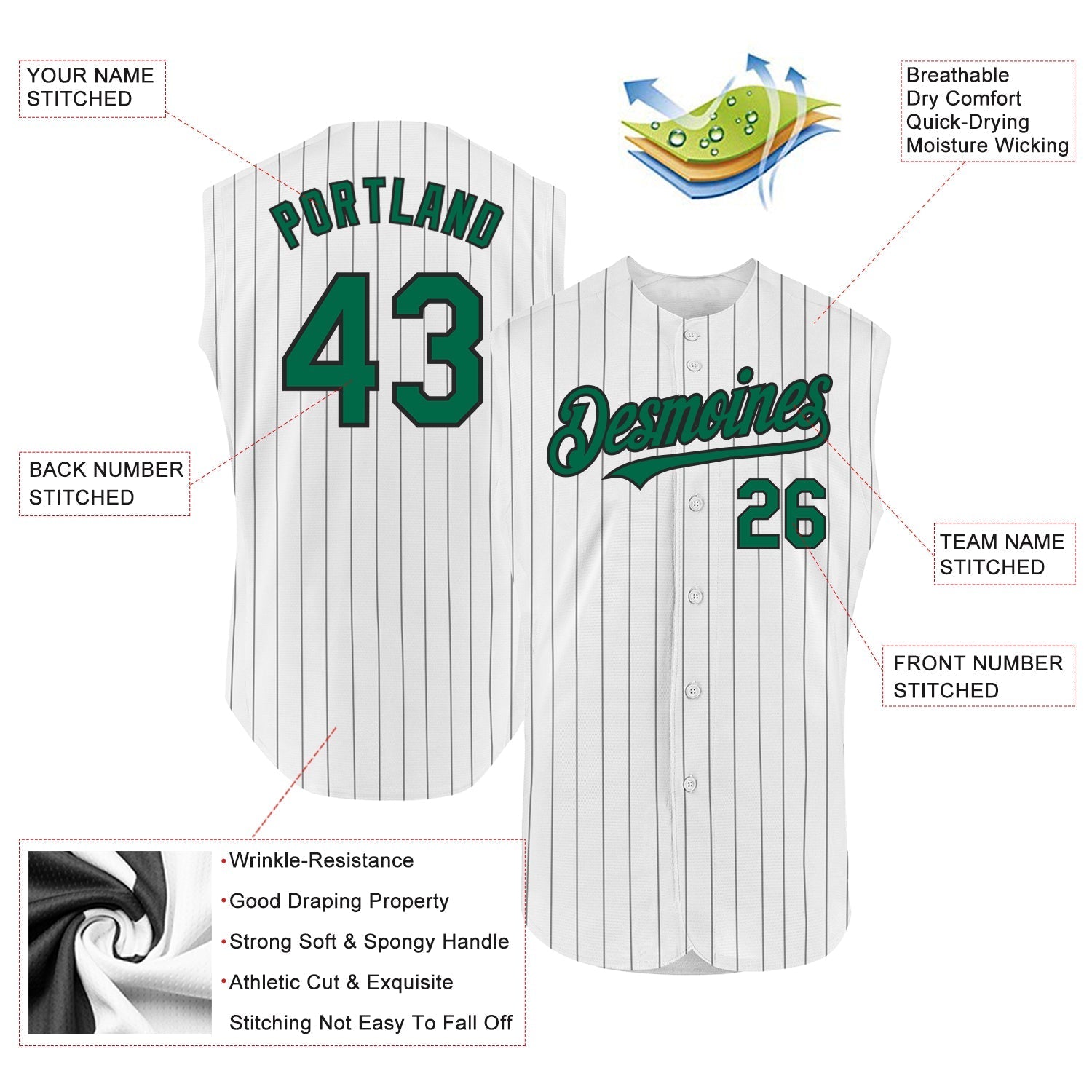 Custom White Black Pinstripe Kelly Green Authentic Sleeveless Baseball Jersey baseball jersey product view 2